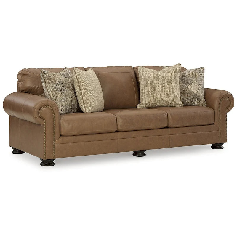 Roll Arm Nailhead Trim Leather Sofa Corner Block Frame Accent Pillows Caramel