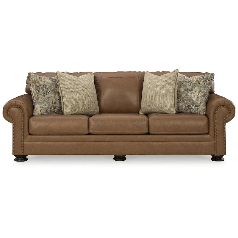Roll Arm Nailhead Trim Leather Sofa Corner Block Frame Accent Pillows Caramel