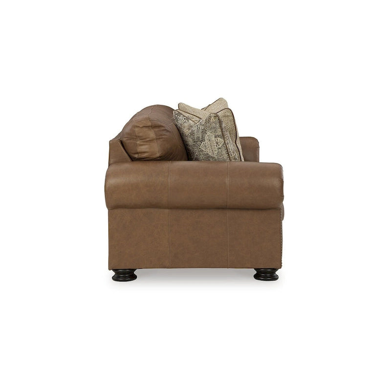 Roll Arm Nailhead Trim Leather Sofa Corner Block Frame Accent Pillows Caramel