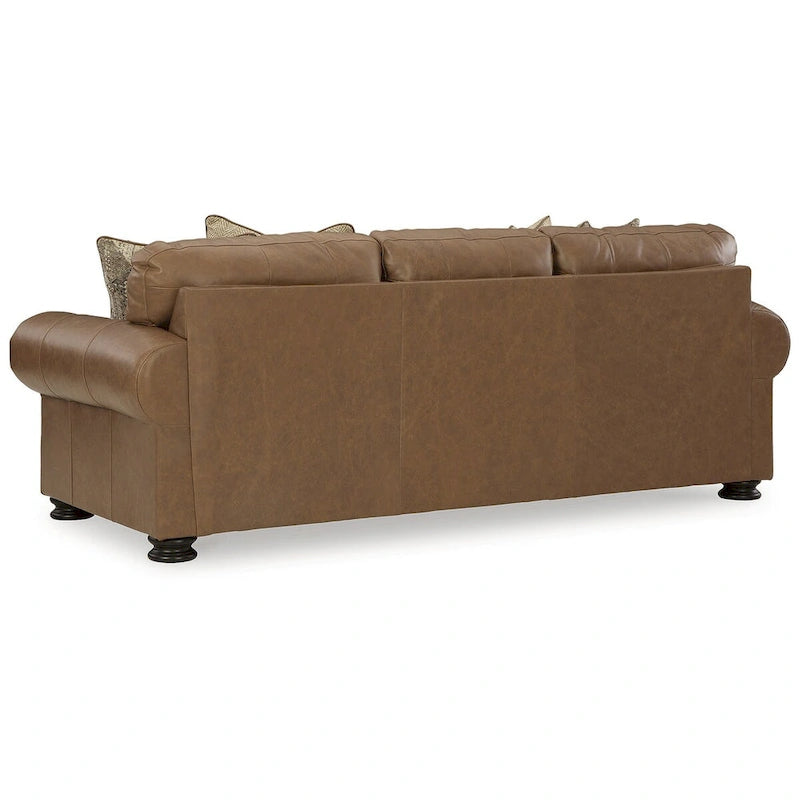 Roll Arm Nailhead Trim Leather Sofa Corner Block Frame Accent Pillows Caramel
