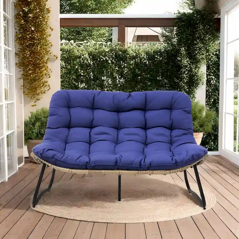 Double Papasan Loveseat PE Woven Rattan Cushion Chair Indoor Outdoor Navy Beige