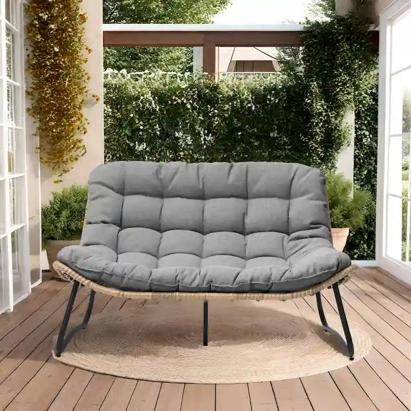 Double Papasan Loveseat PE Woven Rattan Cushion Chair Indoor Outdoor Navy Beige