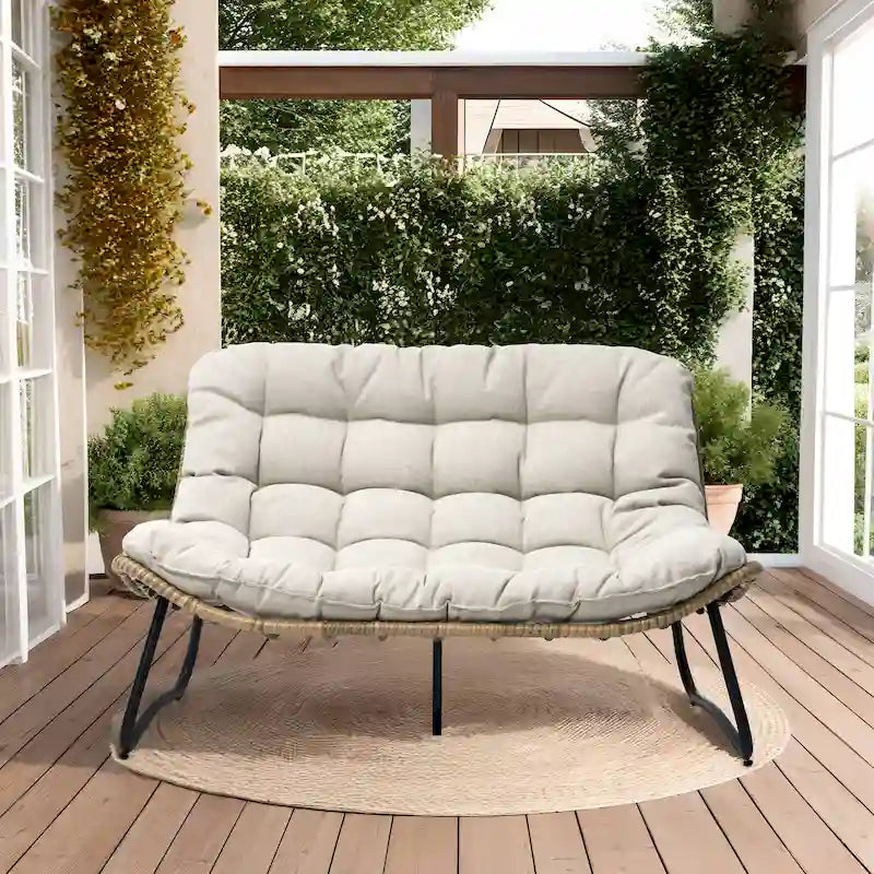 Double Papasan Loveseat PE Woven Rattan Cushion Chair Indoor Outdoor Navy Beige