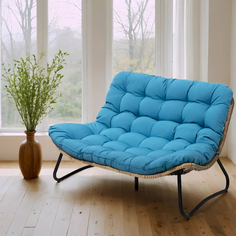 Double Papasan Loveseat PE Woven Rattan Cushion Chair Indoor Outdoor Navy Beige