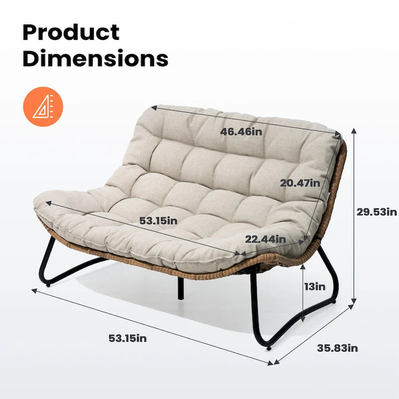 Double Papasan Loveseat PE Woven Rattan Cushion Chair Indoor Outdoor Navy Beige
