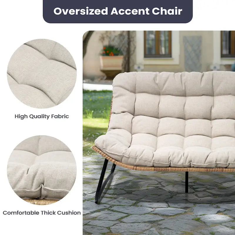 Double Papasan Loveseat PE Woven Rattan Cushion Chair Indoor Outdoor Navy Beige