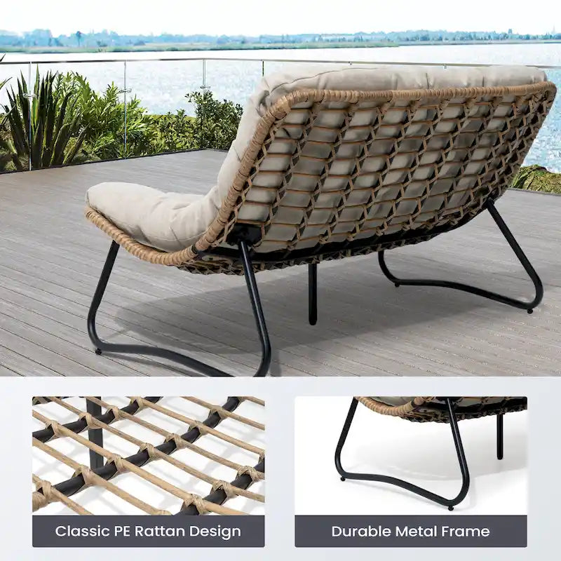 Double Papasan Loveseat PE Woven Rattan Cushion Chair Indoor Outdoor Navy Beige