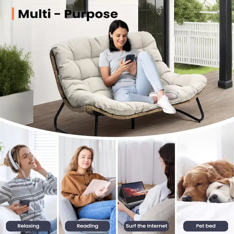 Double Papasan Loveseat PE Woven Rattan Cushion Chair Indoor Outdoor Navy Beige