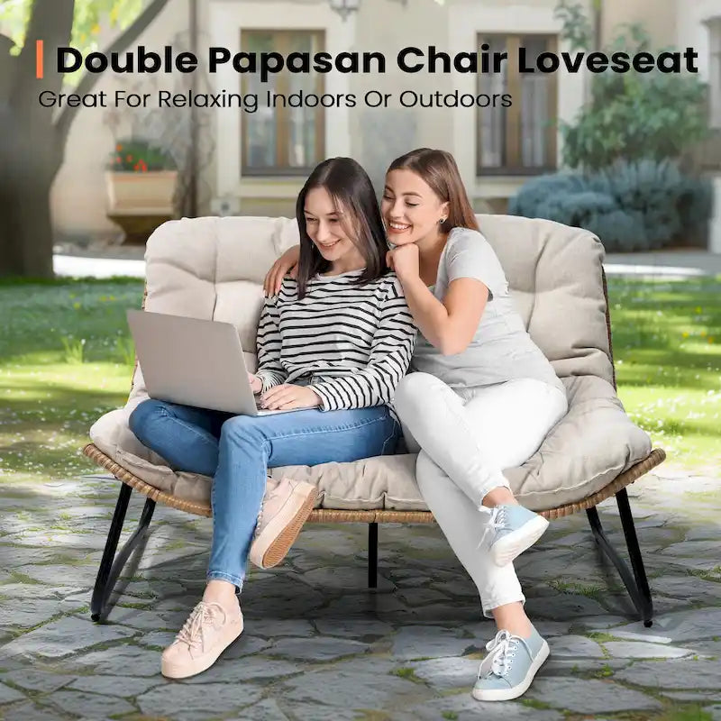 Double Papasan Loveseat PE Woven Rattan Cushion Chair Indoor Outdoor Navy Beige