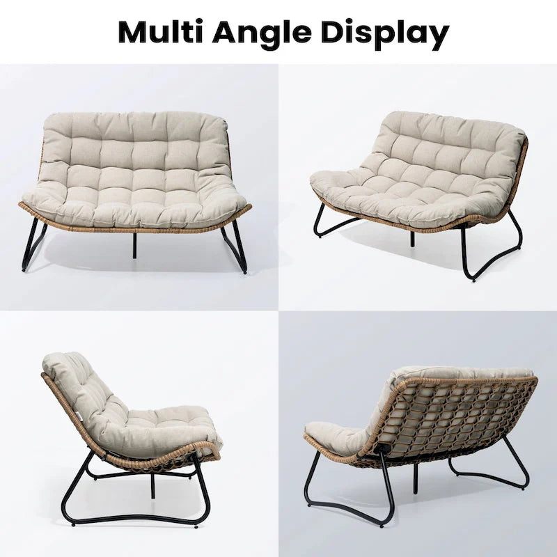 Double Papasan Loveseat PE Woven Rattan Cushion Chair Indoor Outdoor Navy Beige