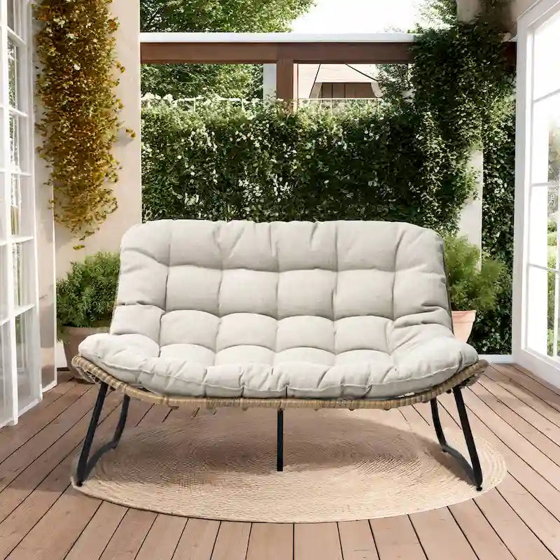 Double Papasan Loveseat PE Woven Rattan Cushion Chair Indoor Outdoor Navy Beige