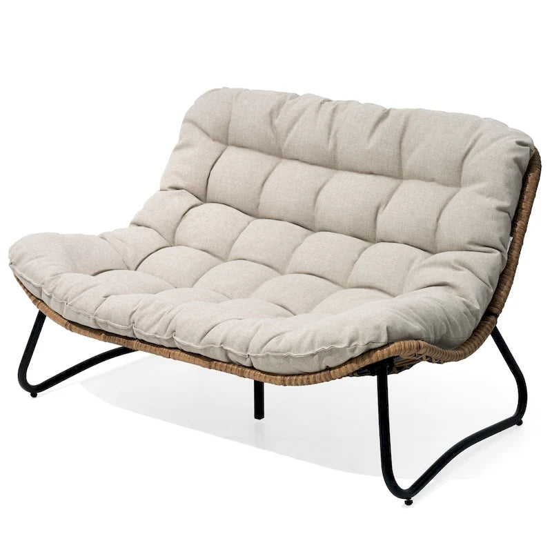 Double Papasan Loveseat PE Woven Rattan Cushion Chair Indoor Outdoor Navy Beige