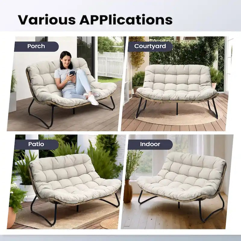 Double Papasan Loveseat PE Woven Rattan Cushion Chair Indoor Outdoor Navy Beige