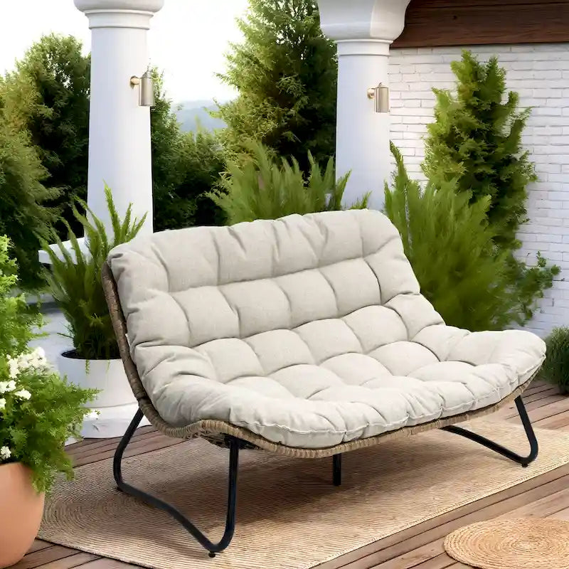 Double Papasan Loveseat PE Woven Rattan Cushion Chair Indoor Outdoor Navy Beige