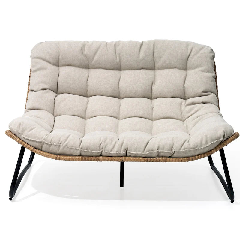 Double Papasan Loveseat PE Woven Rattan Cushion Chair Indoor Outdoor Navy Beige
