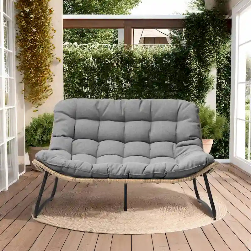 Double Papasan Loveseat PE Woven Rattan Cushion Chair Indoor Outdoor Navy Beige