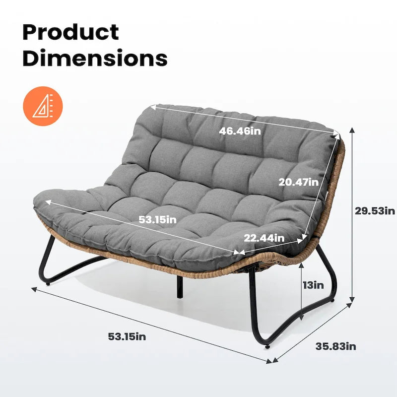 Double Papasan Loveseat PE Woven Rattan Cushion Chair Indoor Outdoor Navy Beige
