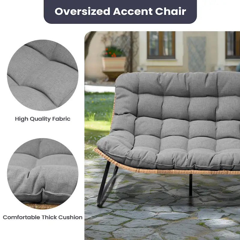 Double Papasan Loveseat PE Woven Rattan Cushion Chair Indoor Outdoor Navy Beige