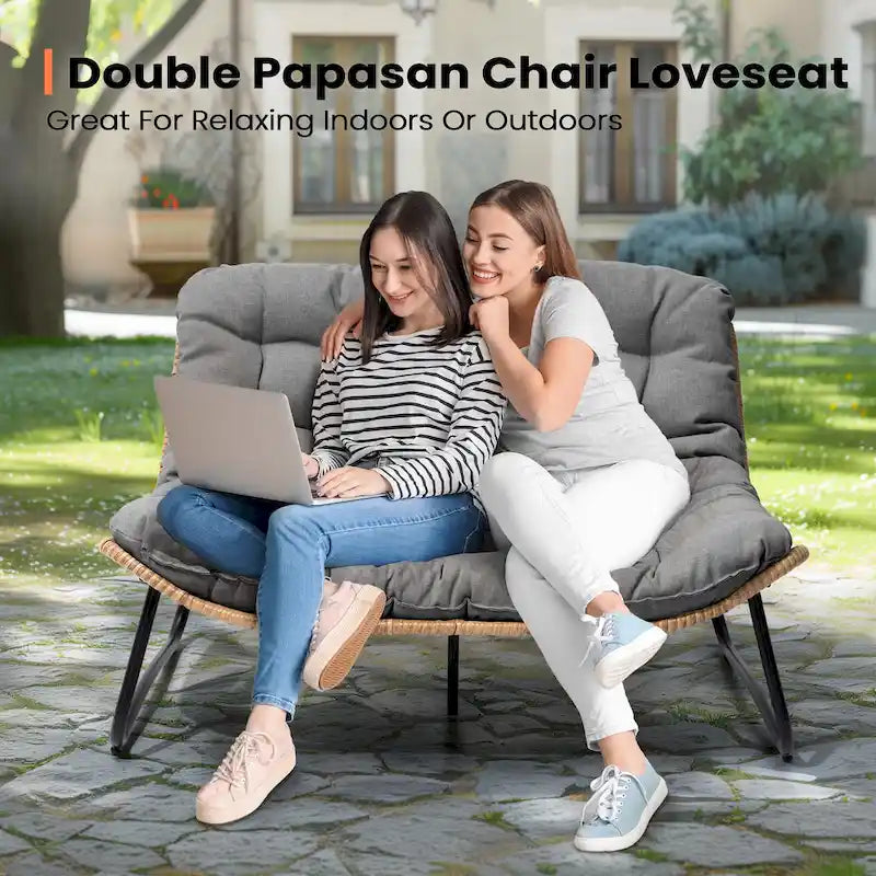 Double Papasan Loveseat PE Woven Rattan Cushion Chair Indoor Outdoor Navy Beige