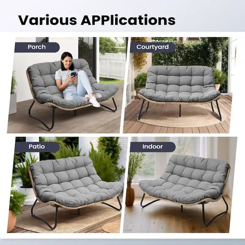 Double Papasan Loveseat PE Woven Rattan Cushion Chair Indoor Outdoor Navy Beige