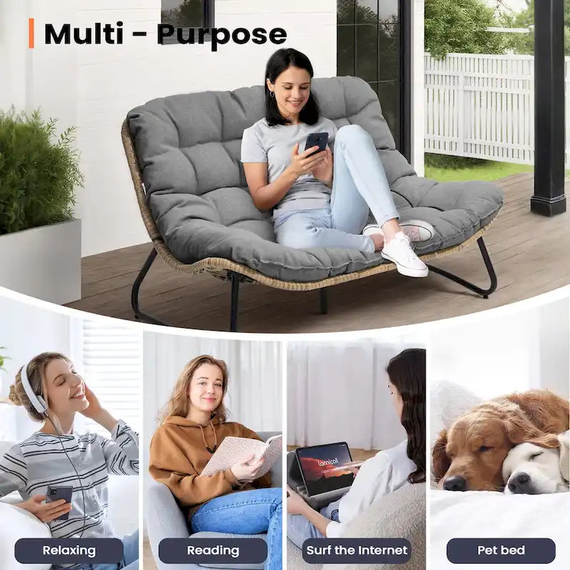 Double Papasan Loveseat PE Woven Rattan Cushion Chair Indoor Outdoor Navy Beige