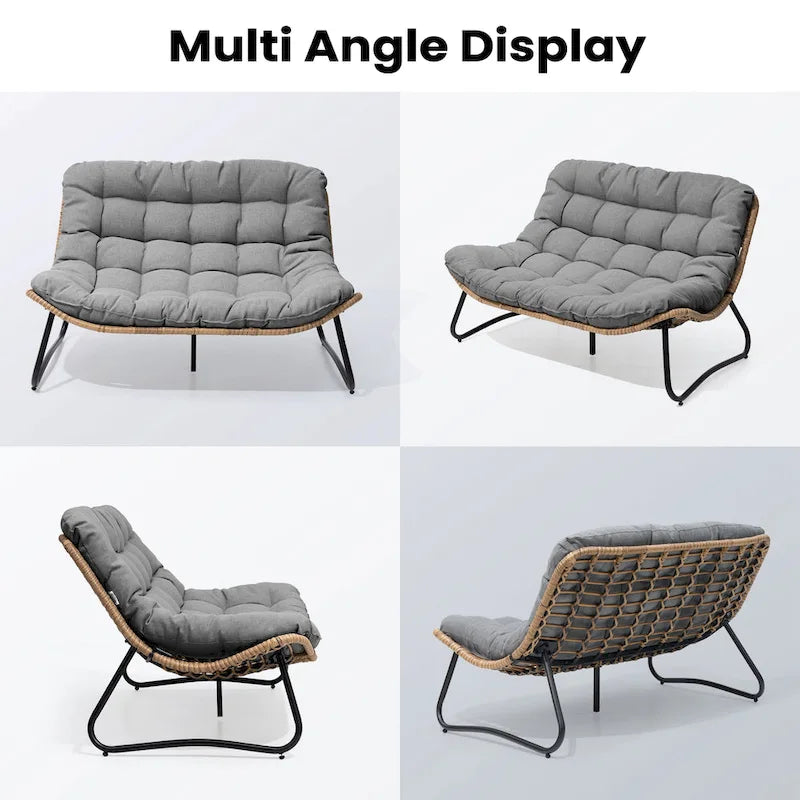 Double Papasan Loveseat PE Woven Rattan Cushion Chair Indoor Outdoor Navy Beige
