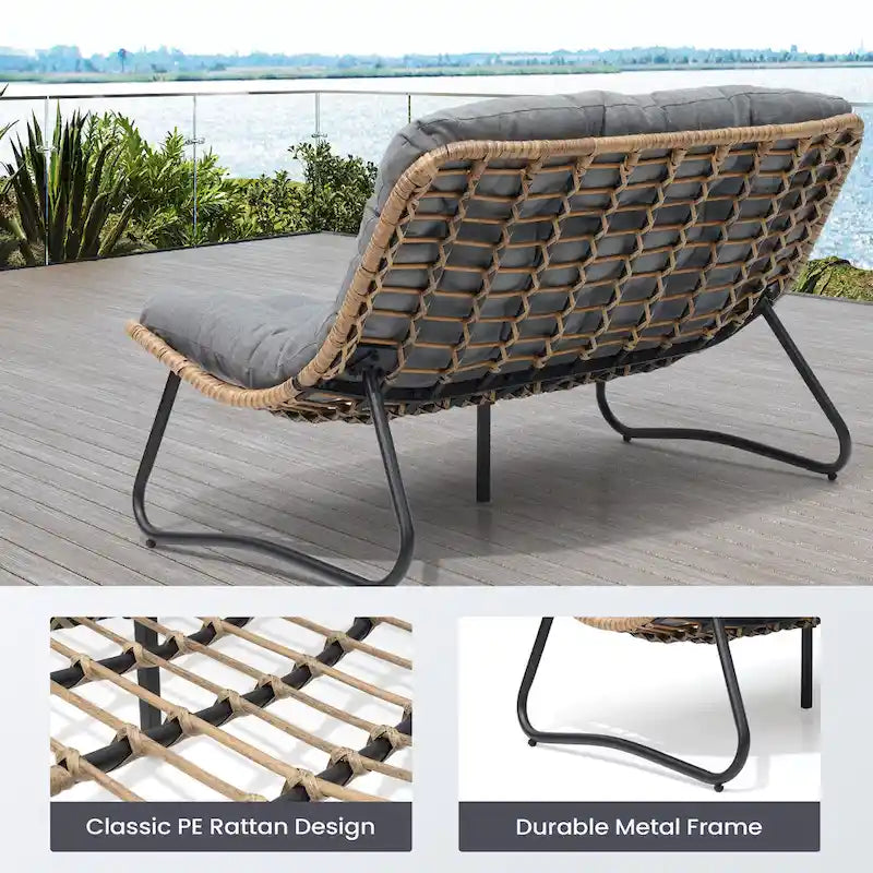 Double Papasan Loveseat PE Woven Rattan Cushion Chair Indoor Outdoor Navy Beige