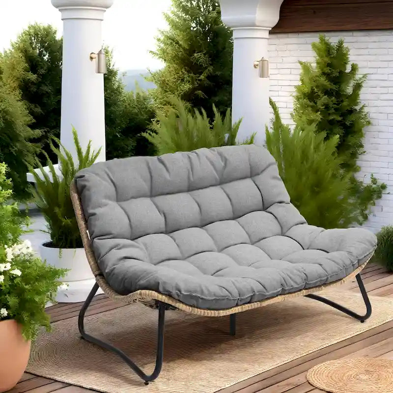 Double Papasan Loveseat PE Woven Rattan Cushion Chair Indoor Outdoor Navy Beige