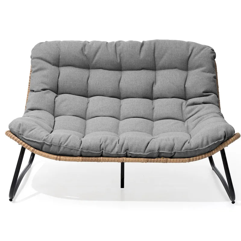 Double Papasan Loveseat PE Woven Rattan Cushion Chair Indoor Outdoor Navy Beige