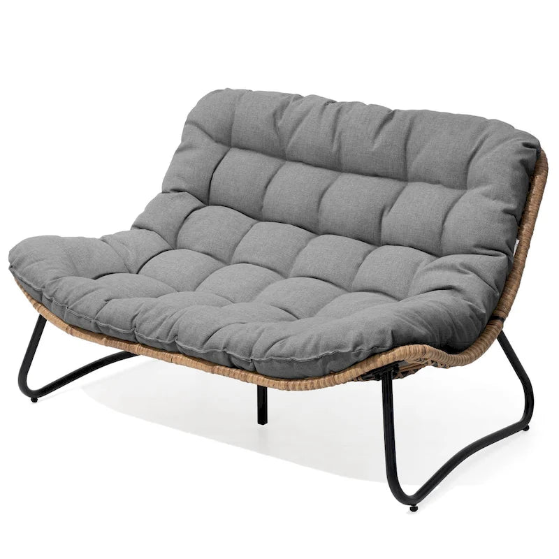 Double Papasan Loveseat PE Woven Rattan Cushion Chair Indoor Outdoor Navy Beige