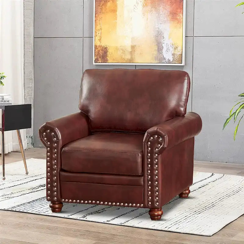 Vintage PU Leather Armchair Rolled Arms Nailhead Trim Wood Legs Burgundy Grey Navy Black