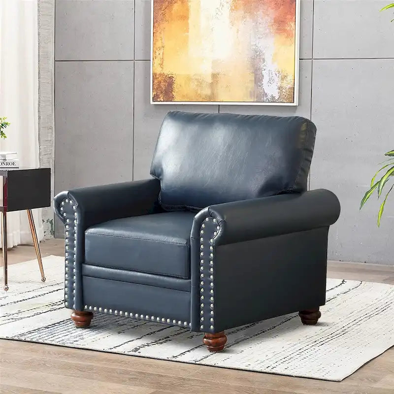 Vintage PU Leather Armchair Rolled Arms Nailhead Trim Wood Legs Burgundy Grey Navy Black