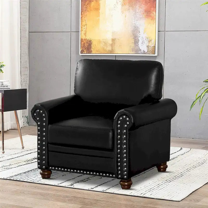 Vintage PU Leather Armchair Rolled Arms Nailhead Trim Wood Legs Burgundy Grey Navy Black