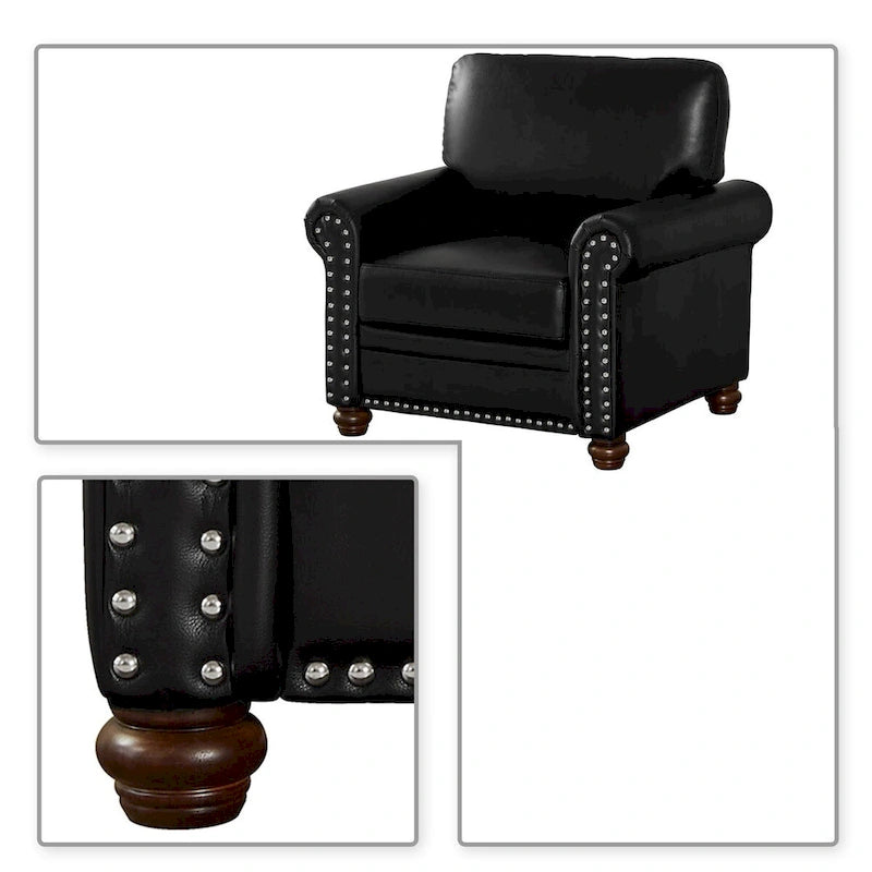 Vintage PU Leather Armchair Rolled Arms Nailhead Trim Wood Legs Burgundy Grey Navy Black