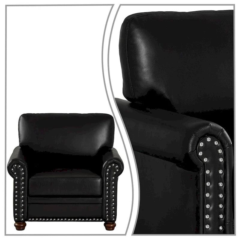 Vintage PU Leather Armchair Rolled Arms Nailhead Trim Wood Legs Burgundy Grey Navy Black