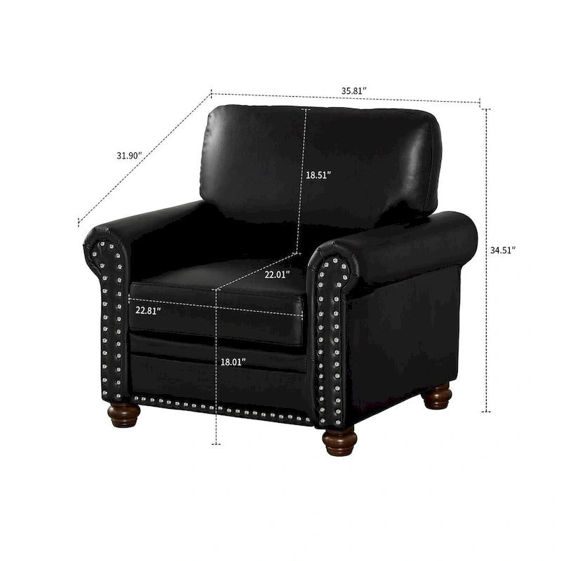 Vintage PU Leather Armchair Rolled Arms Nailhead Trim Wood Legs Burgundy Grey Navy Black