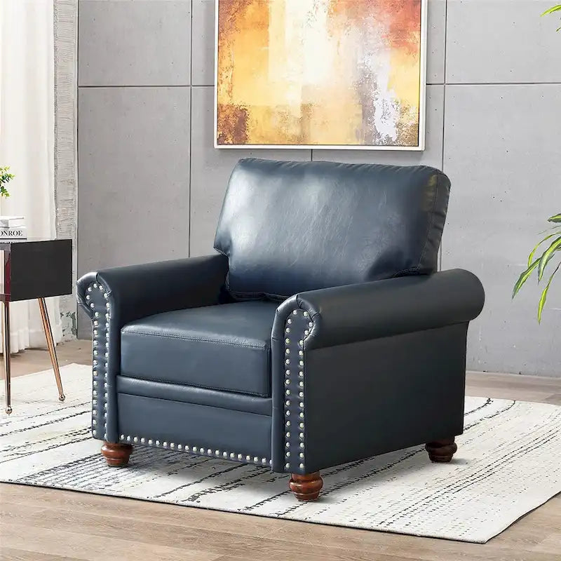 Vintage PU Leather Armchair Rolled Arms Nailhead Trim Wood Legs Burgundy Grey Navy Black