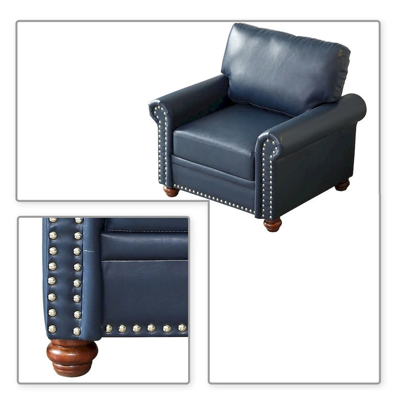 Vintage PU Leather Armchair Rolled Arms Nailhead Trim Wood Legs Burgundy Grey Navy Black
