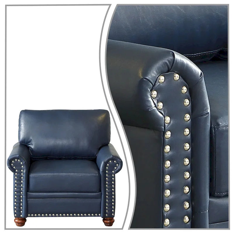 Vintage PU Leather Armchair Rolled Arms Nailhead Trim Wood Legs Burgundy Grey Navy Black