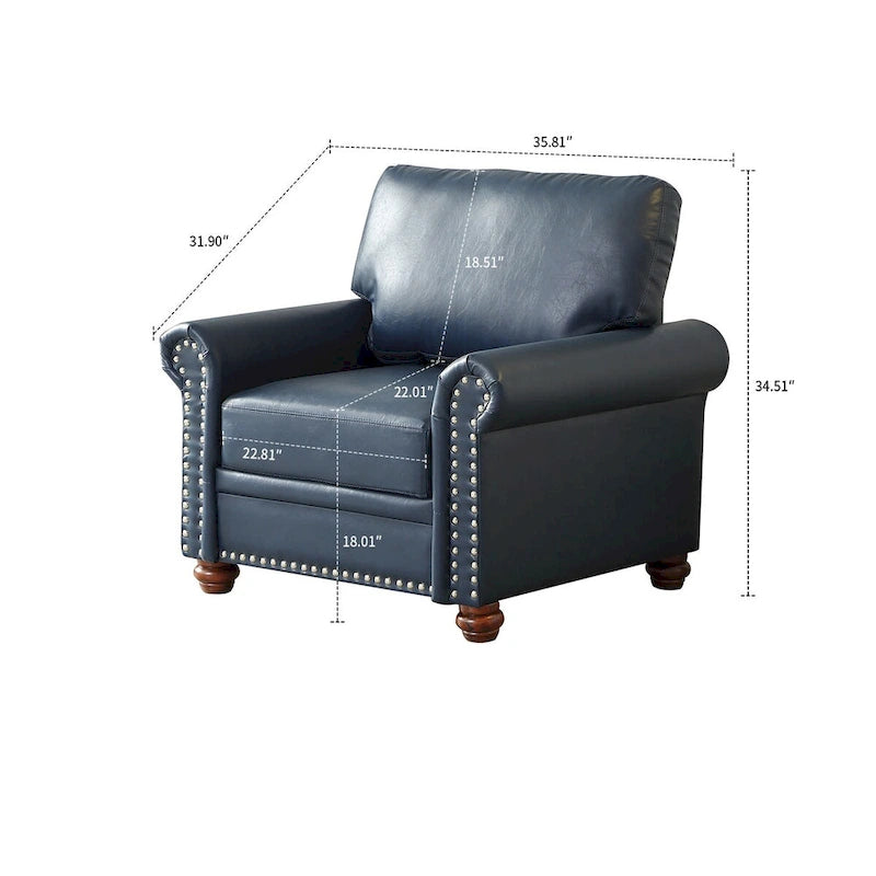 Vintage PU Leather Armchair Rolled Arms Nailhead Trim Wood Legs Burgundy Grey Navy Black