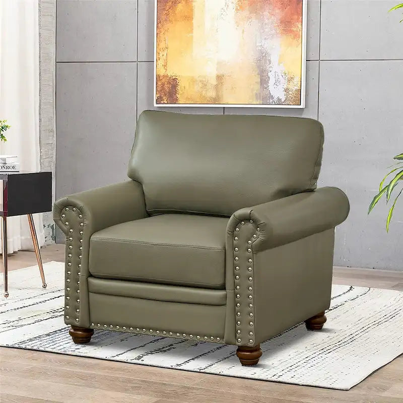Vintage PU Leather Armchair Rolled Arms Nailhead Trim Wood Legs Burgundy Grey Navy Black
