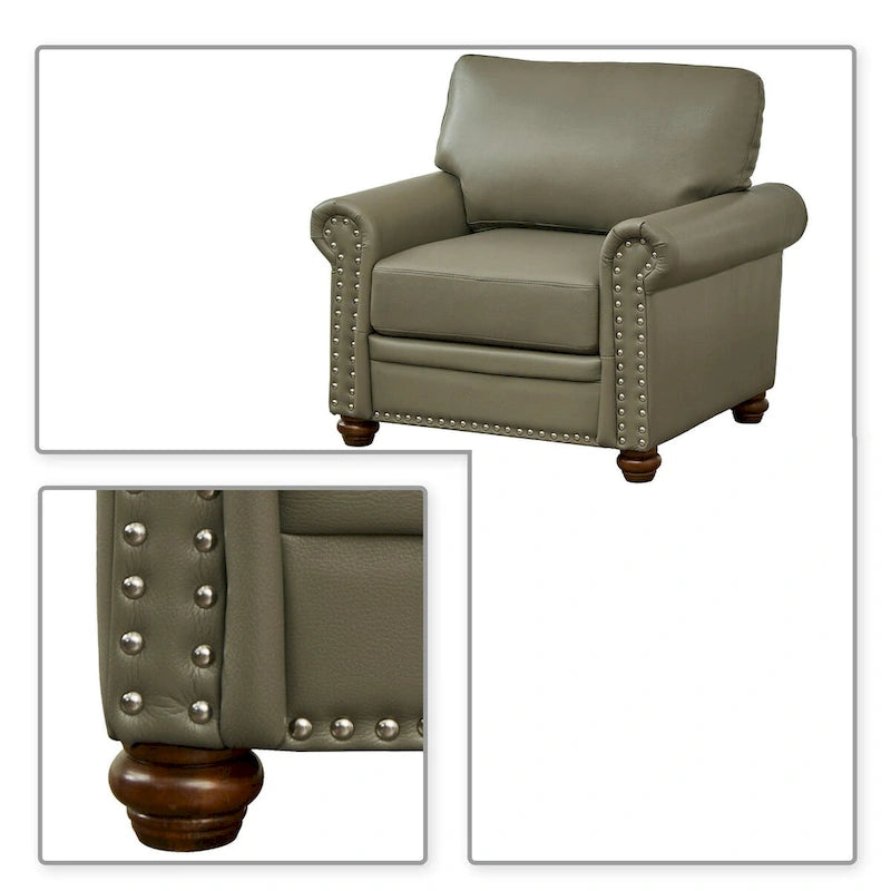 Vintage PU Leather Armchair Rolled Arms Nailhead Trim Wood Legs Burgundy Grey Navy Black