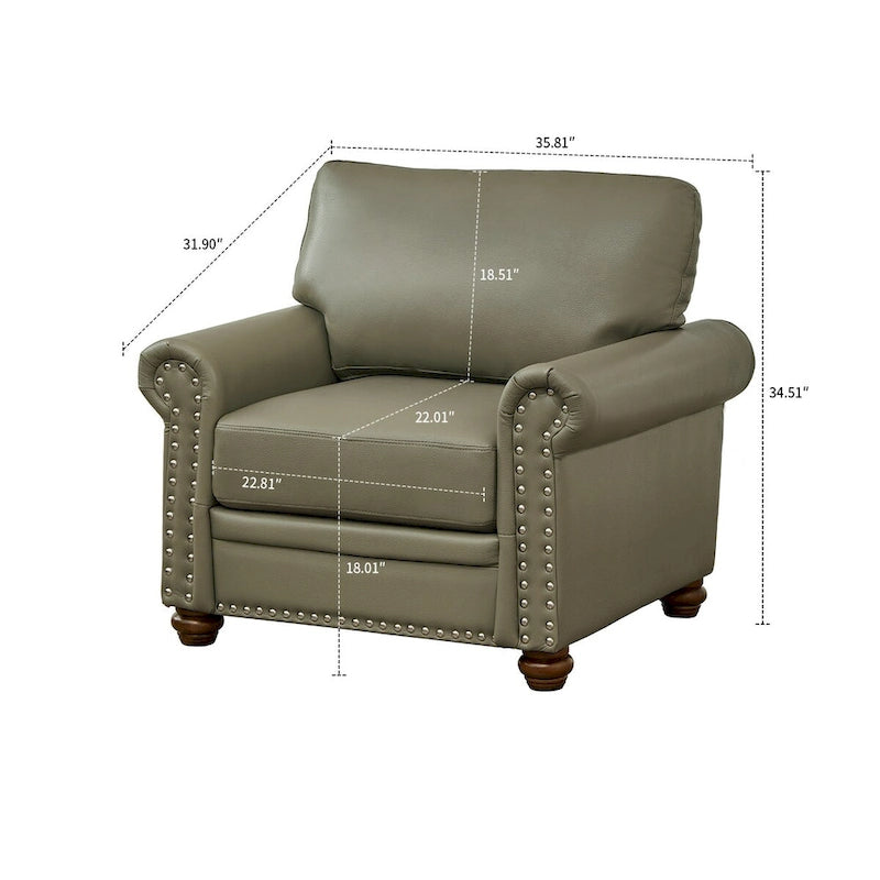 Vintage PU Leather Armchair Rolled Arms Nailhead Trim Wood Legs Burgundy Grey Navy Black