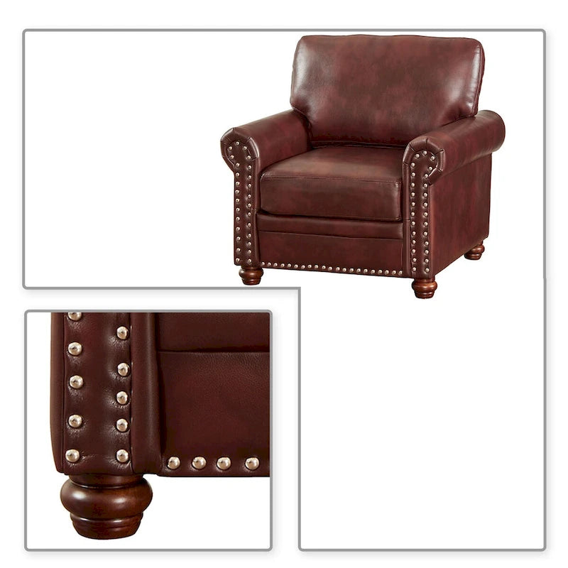 Vintage PU Leather Armchair Rolled Arms Nailhead Trim Wood Legs Burgundy Grey Navy Black