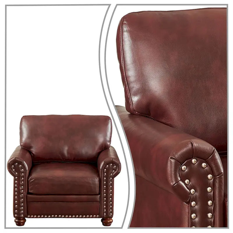 Vintage PU Leather Armchair Rolled Arms Nailhead Trim Wood Legs Burgundy Grey Navy Black