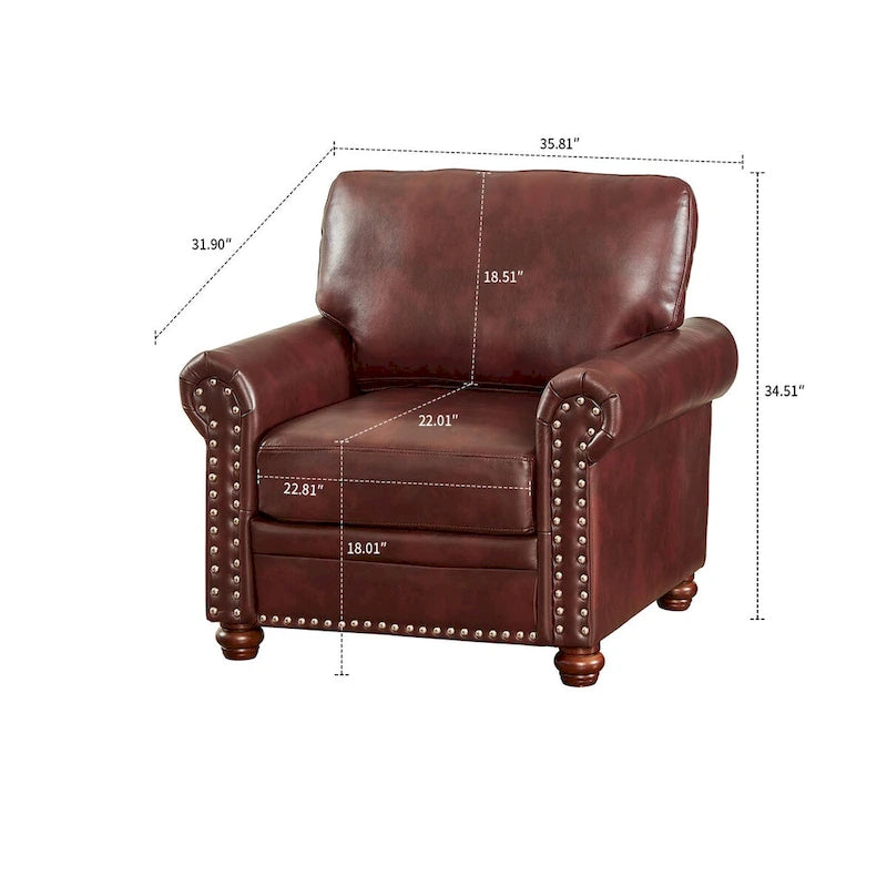 Vintage PU Leather Armchair Rolled Arms Nailhead Trim Wood Legs Burgundy Grey Navy Black